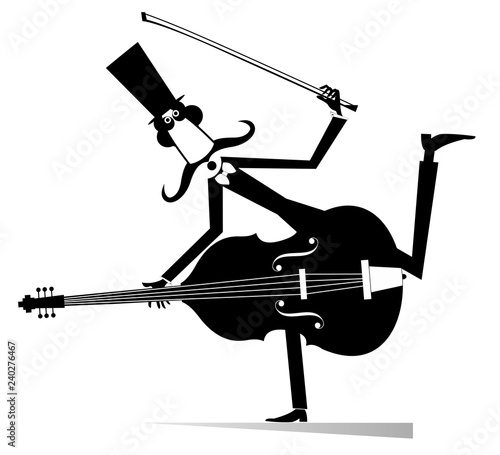 Cartoon long mustache cellist illustration. Cartoon long mustache cellist in the top hat black on white illustration 
