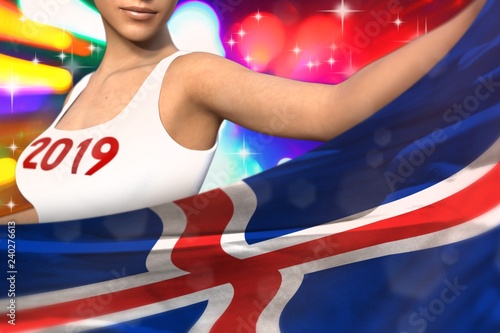 young woman holds Iceland flag in front on the party lights - Christmas and 2019 New Year flag concept 3d illustration