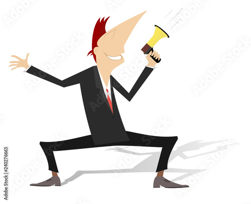 Man, megaphone and news concept illustration. Cartoon man with megaphone makes announcement the news isolated on white
