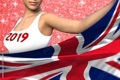 cute woman holds United Kingdom (UK) flag in front on the red shining sparks background - Christmas and 2019 New Year flag concept 3d illustration