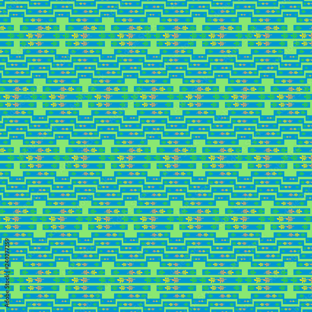 bright colorful green & blue geometric pattern with floral elements decoration and stripes for textile, fabric, backgrounds, templates, wallpapers, surface designs and posters. pattern swatch at eps. 
