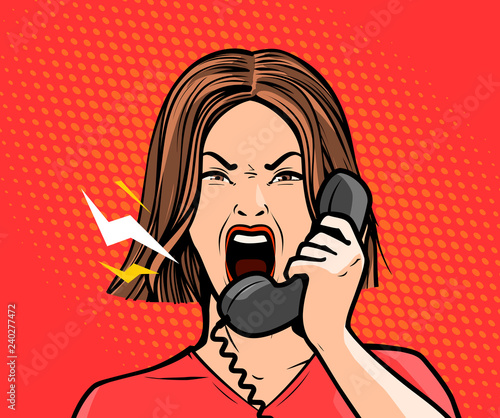 Angry girl or young woman screaming into the phone. Pop art retro comic style. Cartoon vector illustration