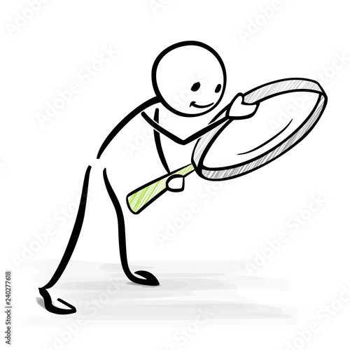 Man looking through a magnifier glass - vector stick figure illustration