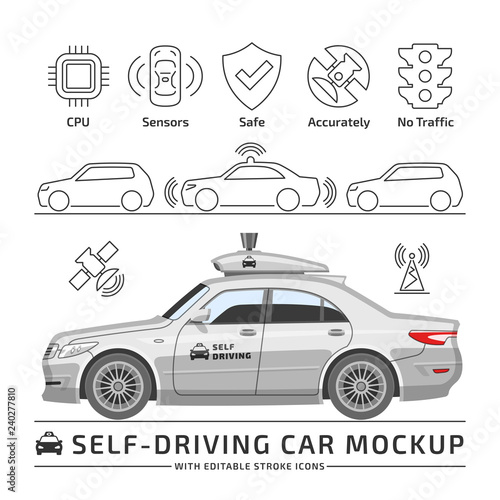  Self-driving white sedan car mockup. Autonomous driverless smart vehicle and outline editable stroke thin icons set.