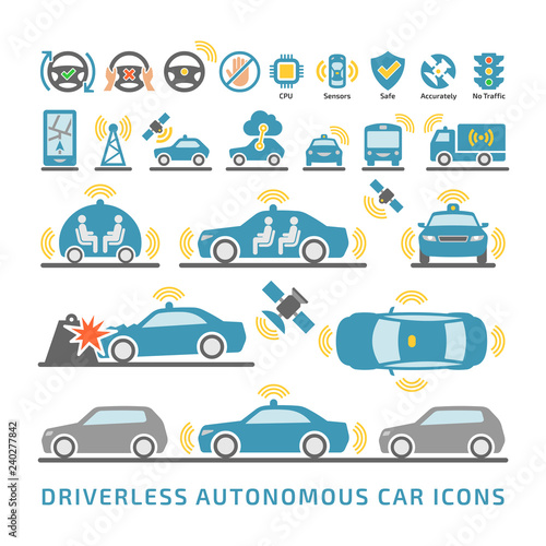 Self-driving smart intelligent car color icons set.  Driverless autonomous sensor vehicle symbols.