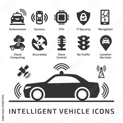  Intelligent vehicle icons set. Self-driving autonomous driverless smart car shape symbols.