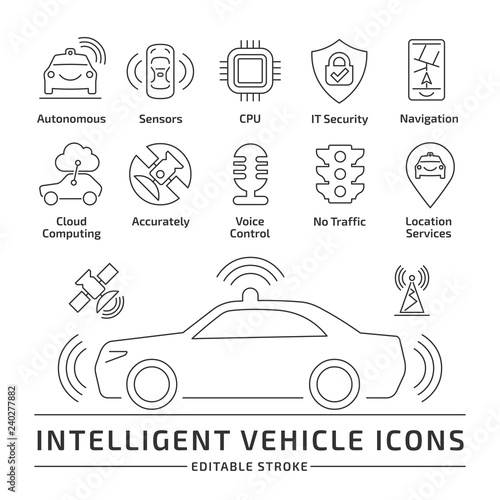 Intelligent vehicle editable stroke outline icons set. Self-driving autonomous driverless smart car thin symbols.