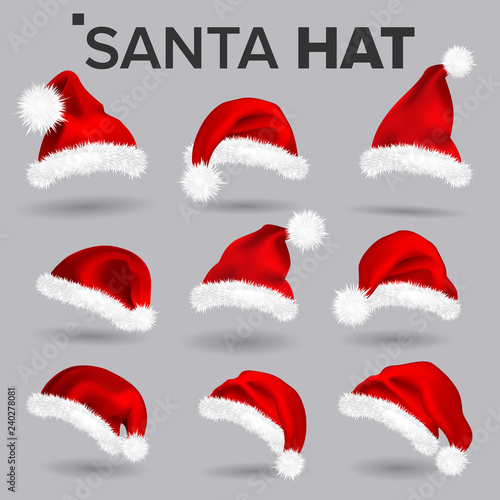 Santa Hat Set Vector. Santa Claus Holiday Red And White Cap Colllection. Winter Christmas Design. Isolated Realistic Illustration
