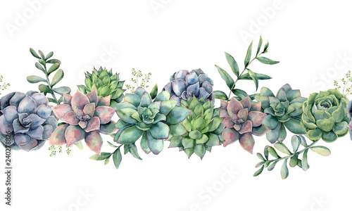 Watercolor succulents seamless bouquet. Hand painted green, violet, pink cacti, eucalyptus leaves and branches isolated on white background.  Botanical illustration for design, print. Green plants