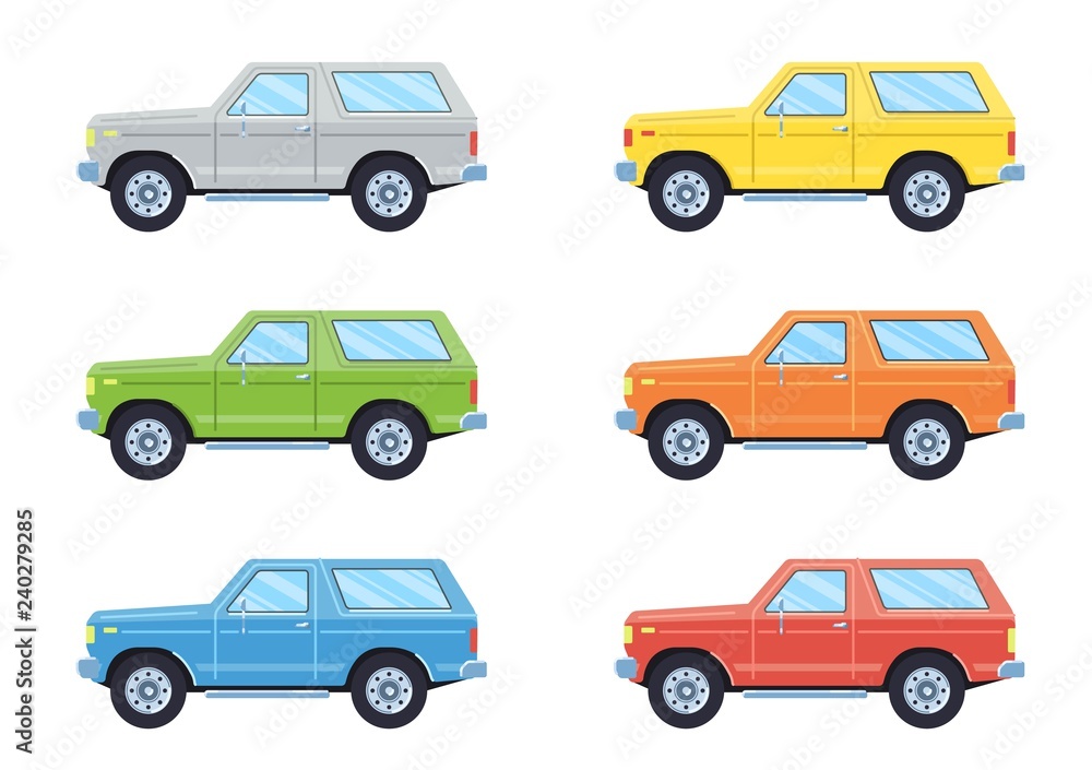 Off-road 4x4 suv car. Side view offroad car in different colors. Flat style. Vector illustration. 