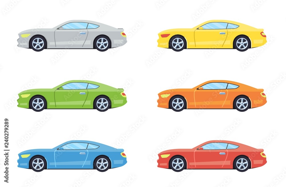 Sport coupe car. Side view cars in different colors. Flat style. Vector illustration.