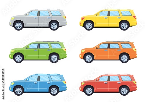 Off-road 4x4 suv car. Side view offroad car in different colors. Flat style. Vector illustration. 