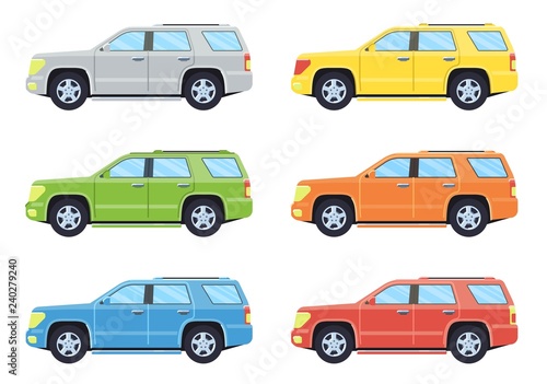 Fototapeta Naklejka Na Ścianę i Meble -  Off-road 4x4 suv car. Side view offroad car in different colors. Flat style. Vector illustration. 