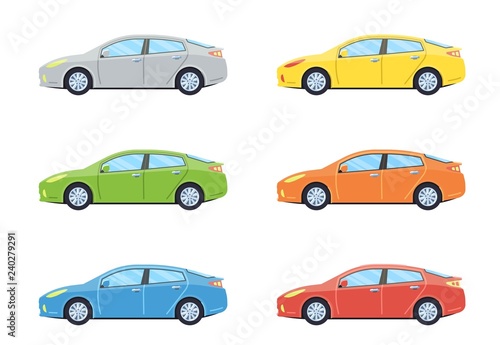 Sedan personal car. Side view cars in different colors. Flat style. Vector illustration. © Dmitrii Korolev