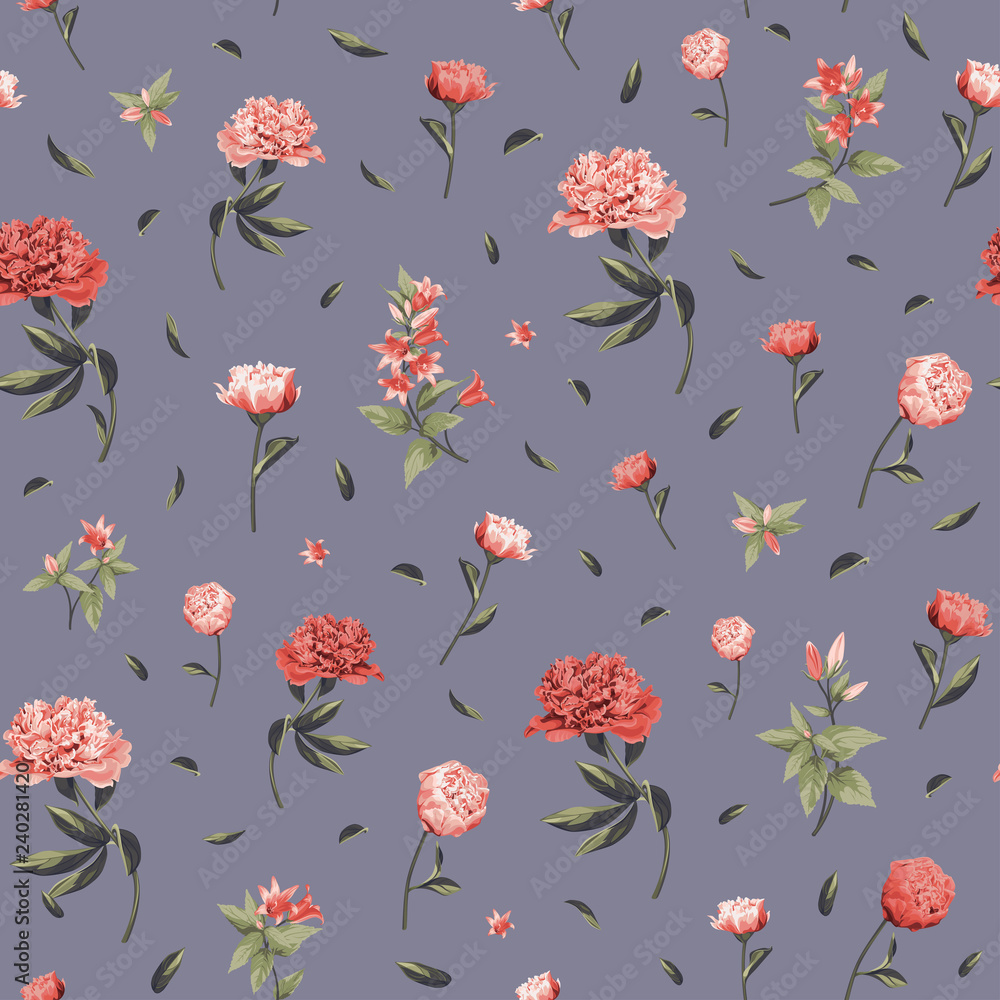 Seamless floral pattern with red and pink Peony and Campanula on grey background. Seamless floral pattern with red and pink Peony and Campanula on grey background.