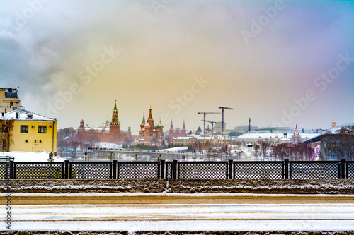 View of the city of Moscow with the red square towers and construction cranes © Николай Батаев