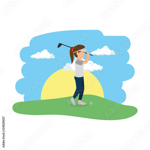 young woman practicing golf in the camp