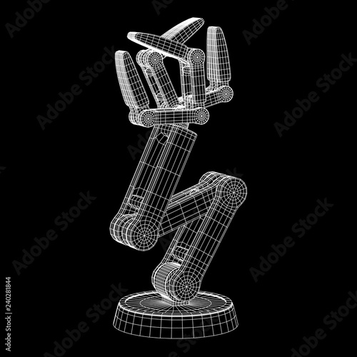 Robotic arm manufacture technology industry assembly mechanic hand wireframe low poly mesh vector illustration