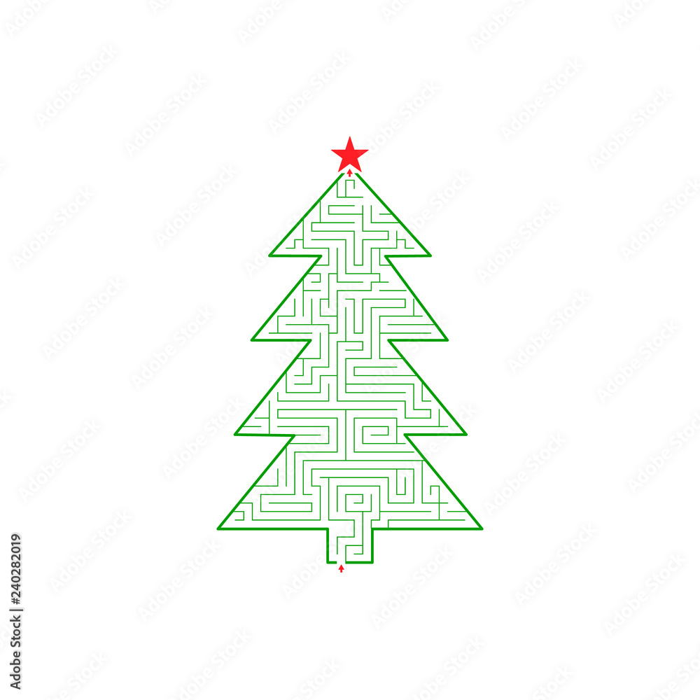 New year tree labyrinth pattern vector with path to exit New year tree labyrinth pattern vector with path to exit