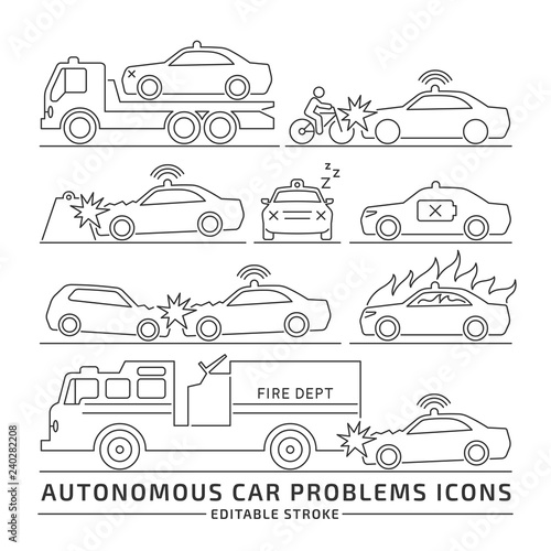 Editable stroke autonomous driverless car breakdown and accident vector line icon set. Self driving sensor smart vehicle trouble and problem outline thin symbol.