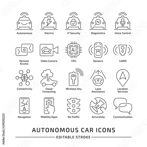 Driverless autonomous car vector line icon set. Self driving sensor smart vehicle editable stroke pictogram.