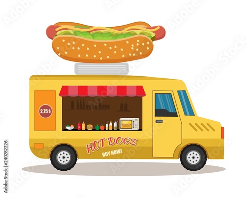 Food truck with hotdog, coffee, hamburger, vector street food background