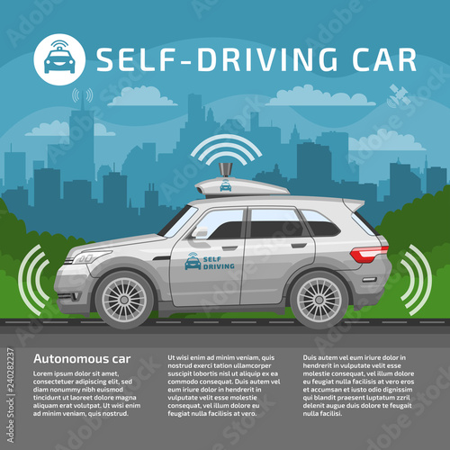 Self drive car vector illustration and mockup. Autonomous driverless sensor smart vehicle with city background.