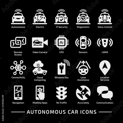 Driverless autonomous car icons set. Self-driving smart vehicle shape pictogram with it security, voice control, remote access, video camera, laser sensor, cloud computing, wireless key, lane assist.