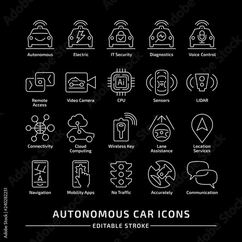  Driverless autonomous car thin icons set. Self driving smart vehicle editable stroke outline pictogram with location services, mobility apps, no traffic, it security, voice control, remote access.