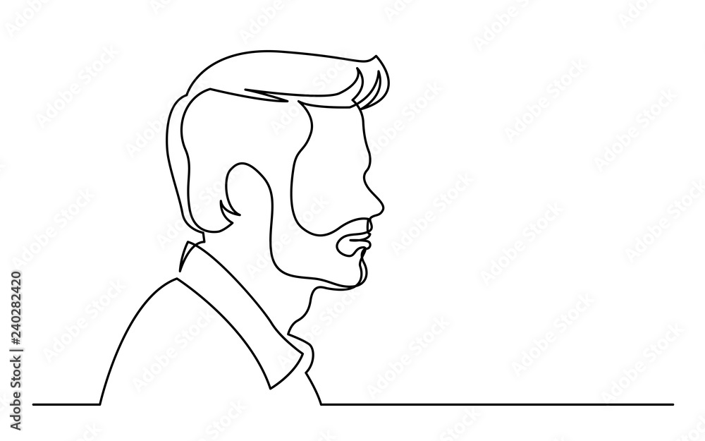 continuous line drawing of isolated on white background profile portrait of ordinary bearded man