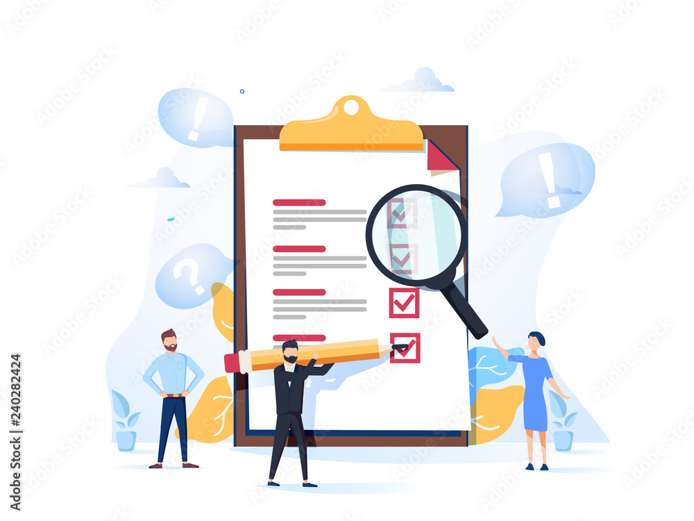 Survey vector illustration. Flat mini persons concept with quality test and satisfaction report. Feedback from customers Survey vector illustration. Flat mini persons concept with quality test and satisfaction report. Feedback from customers