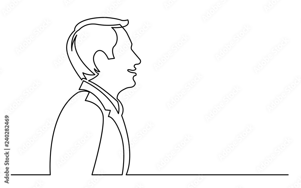 continuous line drawing of isolated on white background profile portrait of talking businessman