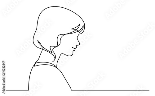 continuous line drawing of isolated on white background profile portrait of smiling shy woman
