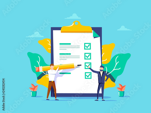 Man showing checklist. Boy filling tasks to checklist. For web site, app banner, ux and ui. Concept for ad poster