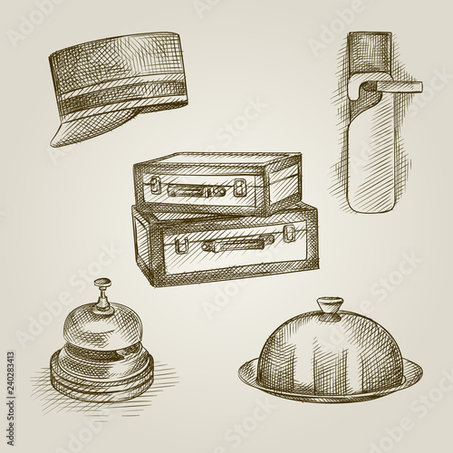 Hand Drawn Hotel service elements Sketches Set. Collection Of suitcases, dish with a lid, Bellboy hat, door hanger and Service bell sketches on old paper background. Hotel elements in vintage style.