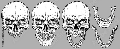 Detailed graphic realistic cool white human skulls with broken teeth and lower jaws. On gray background. Vector icon set.