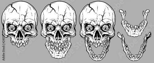 Detailed graphic realistic cool white human skulls with crack, crazy eyes, broken teeth and lower jaws. On gray background. Vector icon set.