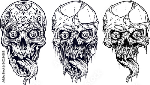 Detailed graphic realistic cool white human skulls with horrible long tongue and mexican tattoo floral ornament. On white background. Vector icon set.