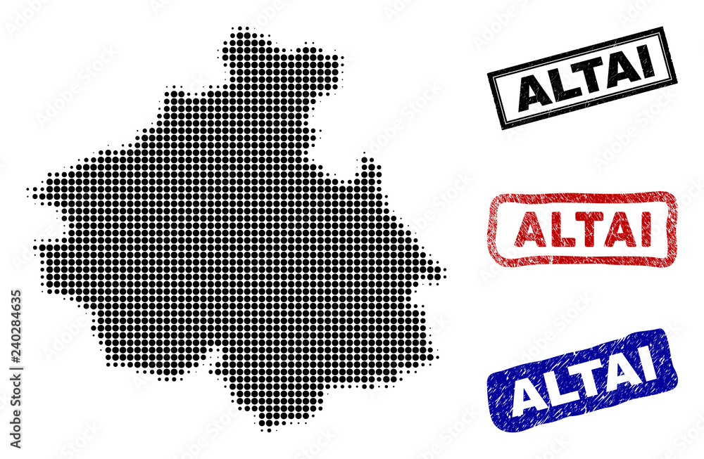 Obraz premium Halftone dot vector abstract Altai Republic map and isolated black, red, blue rubber-style stamp seals. Altai Republic map tag inside draft rectangle frames and with retro rubber texture.