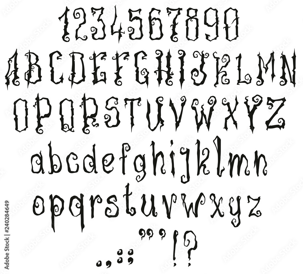 Handrawn curly black and white font. Gothic style. Vector alphabet, numbers and symbols. Isolated on white background. Handrawn curly black and white font. Gothic style. Vector alphabet, numbers and symbols. Isolated on white background.