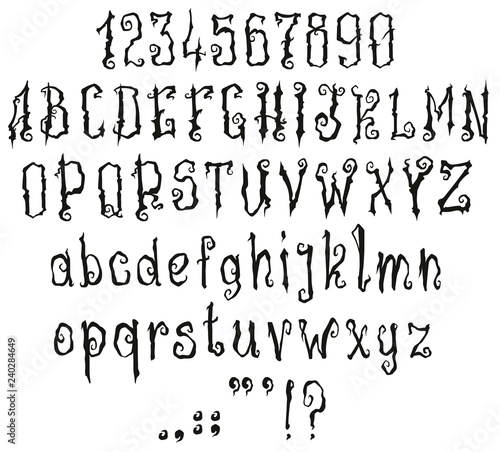 Handrawn curly black and white font. Gothic style. Vector alphabet, numbers and symbols. Isolated on white background.