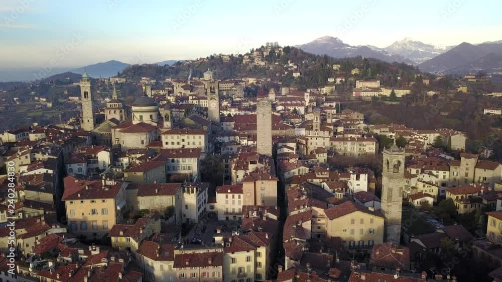 Bergamo, Italy. Drone aerial view of the old town. Landscape at the city center and its historical buildings Bergamo, Italy. Drone aerial view of the old town. Landscape at the city center and its historical buildings