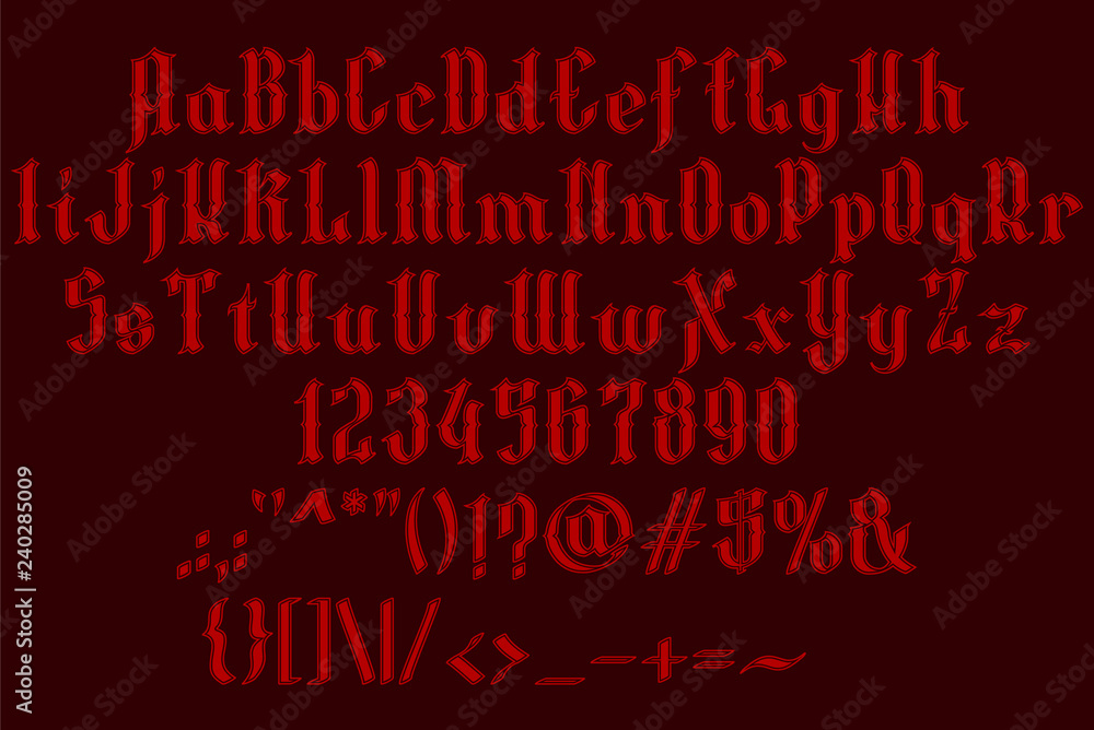 Handrawn red font. Gothic vintage style. Vector alphabet, numbers and symbols. Isolated on black background. Vol. 2