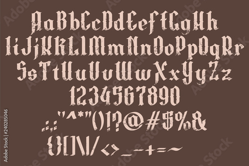 Handrawn grunge white font. Gothic vintage style. Vector alphabet  numbers and symbols. Isolated on black background.