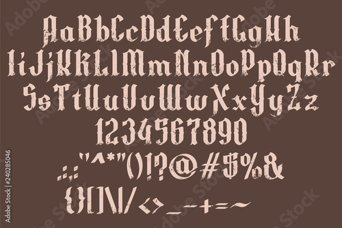 Handrawn grunge white font. Gothic vintage style. Vector alphabet, numbers and symbols. Isolated on black background.