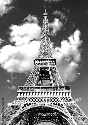 Eiffel Tower in Paris and white clouds