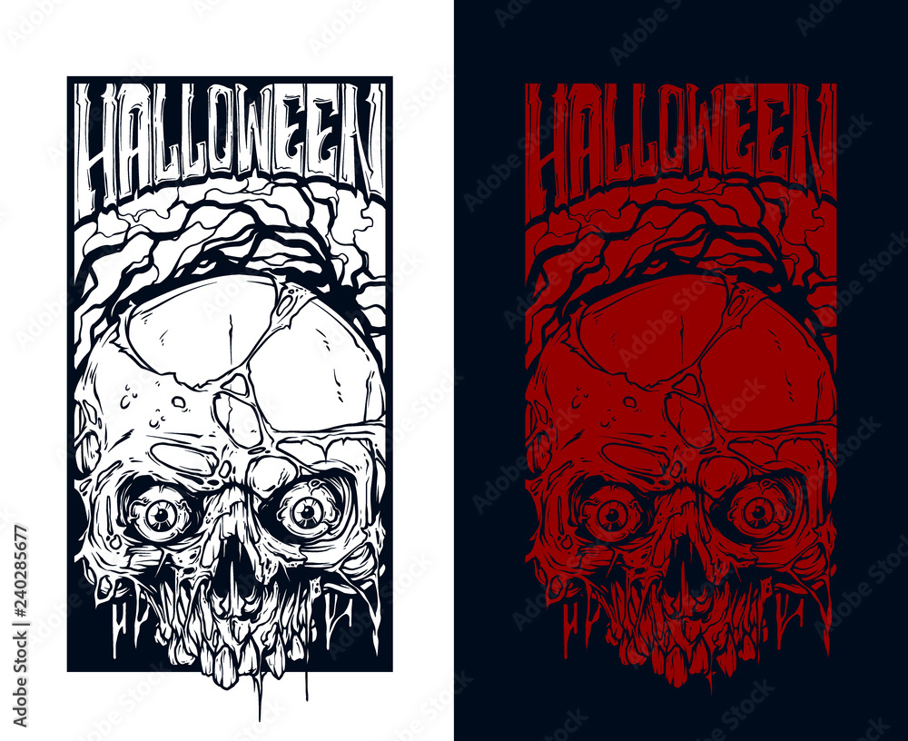 Fototapeta premium Detailed graphic realistic halloween red and white human skull without lower jaw, with pieces of dead skin and eyes. Vector icon set.