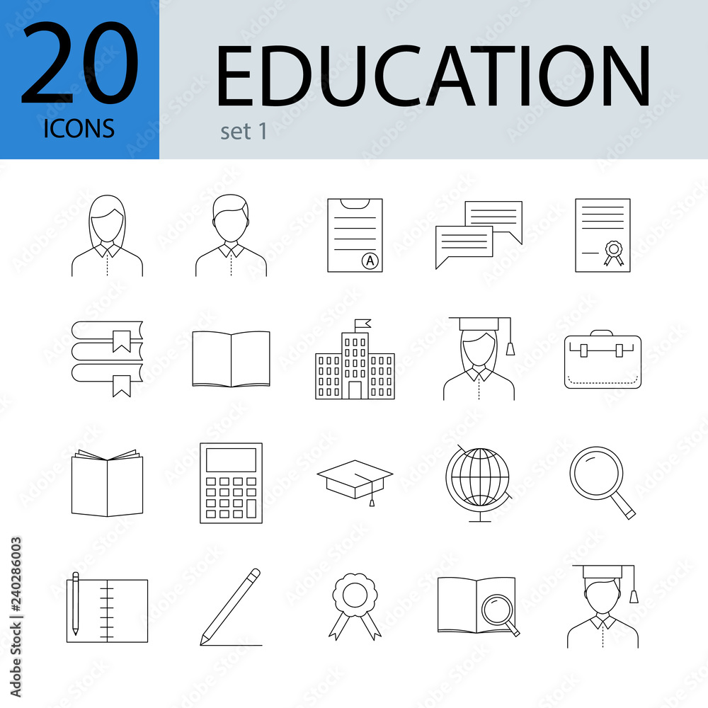 Education line icons, 20 different icons. Concept of learning, education. Vector illustration. Education line icons, 20 different icons. Concept of learning, education. Vector illustration.