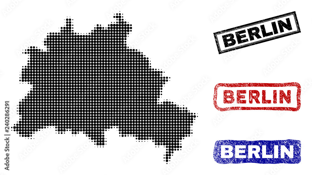 Halftone dot vector abstract Berlin City map and isolated black, red, blue rubber-style stamp seals. Berlin City map title inside rough rectangle frames and with distress rubber texture.