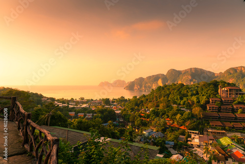 Panorama of tropical islands Phi Phi Don and Phi Phi Leh in sea. Crabi, Thailand photo